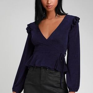 Lulus Radiant Ruffles Navy Blue Long Sleeve Wrap Top - Size S